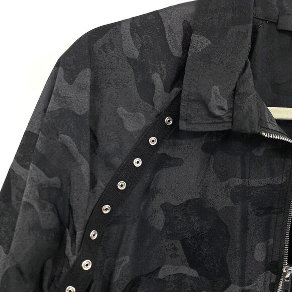 Sun Kim Crop Jacket size Small Black Camo pattern Artsy Snap Details Full Zip - Picture 2 of 11
